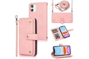 Moment Dextrad for iPhone 11 Wallet Case,[9 Card Holder Slots] Wrist Strap & Crossbody Lanyard Phone Cases for iPhone 11,Stand PU Leather Folio Flip Protective Cover for iPhone 11 (Rose Gold)