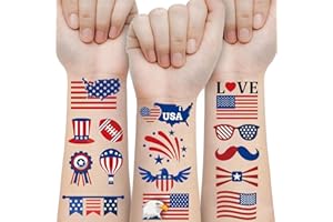 FELICO 4th of July Temporary Tattoos Kids Adults, 90pcs American Flag Red White Blue Fake Tattoo Stickers, Independence Day Fourth of July Body Art USA National Memorial Decorations for Labor Day Party