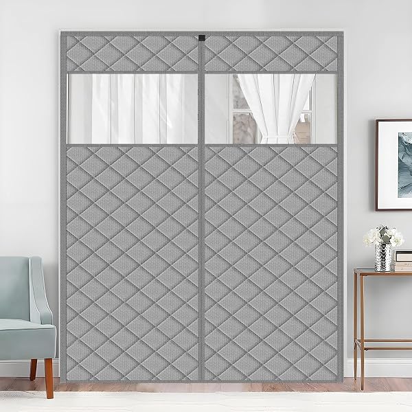 WOHOMZY THERMAL DOOR CURTAIN FITS DOORS SIZE 62″X83″，CURTAIN SIZE 65″X85″, MAGNETIC INSULATED CURTAIN CENTER OPEN, VISIBLE PANELS,KEEP WARM IN WINTER COOL IN SUMMER,DIAMOND PATTERN,GRAY