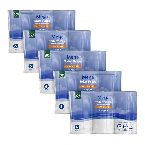 By Amazon Mega Toilet Roll, 2-Ply, Soft and Long, 9900 Sheets, Pack of 5, 30 Rolls, 330 Sheets per Roll - Extra Long Roll, Lasts Longer