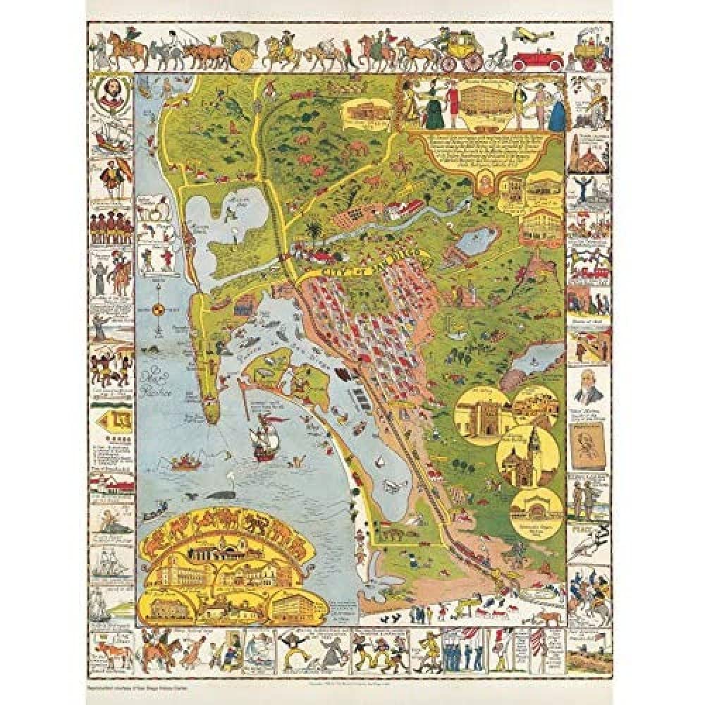 Artery8 Map Mora 1928 City San Diego California Pictorial Art Print Canvas Premium Wall Decor Poster Mural