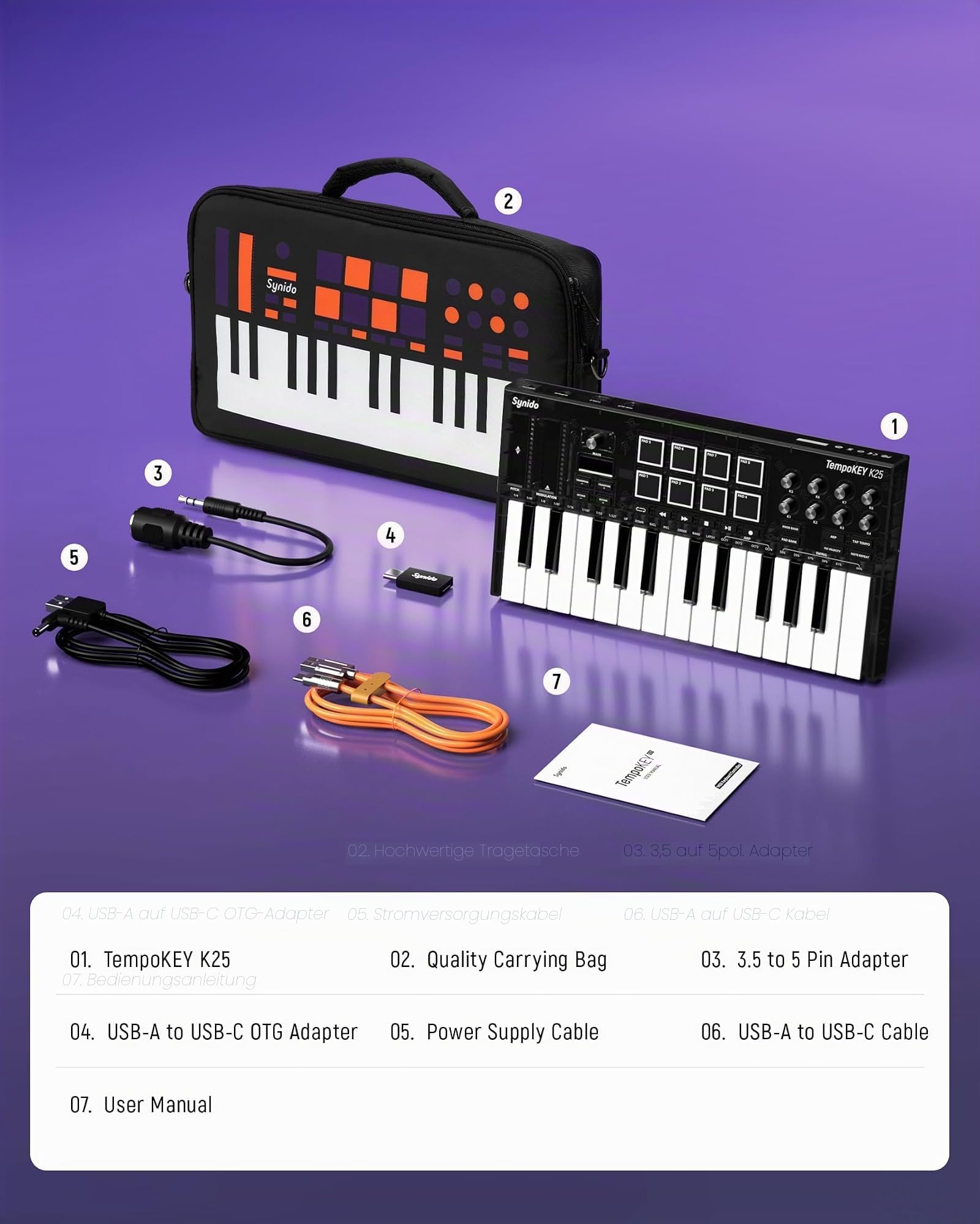 Synido TempoKEY K25 USB C MIDI Keyboard Controller Mit 25 Breiten Tasten, Tiefem Tastenhub Und Anschlagdynamischen Tasten, 8 RGB-Drum-Pads, OLED-Display, Transportsteuerung, Touch Streifen, Arpeggiato 9