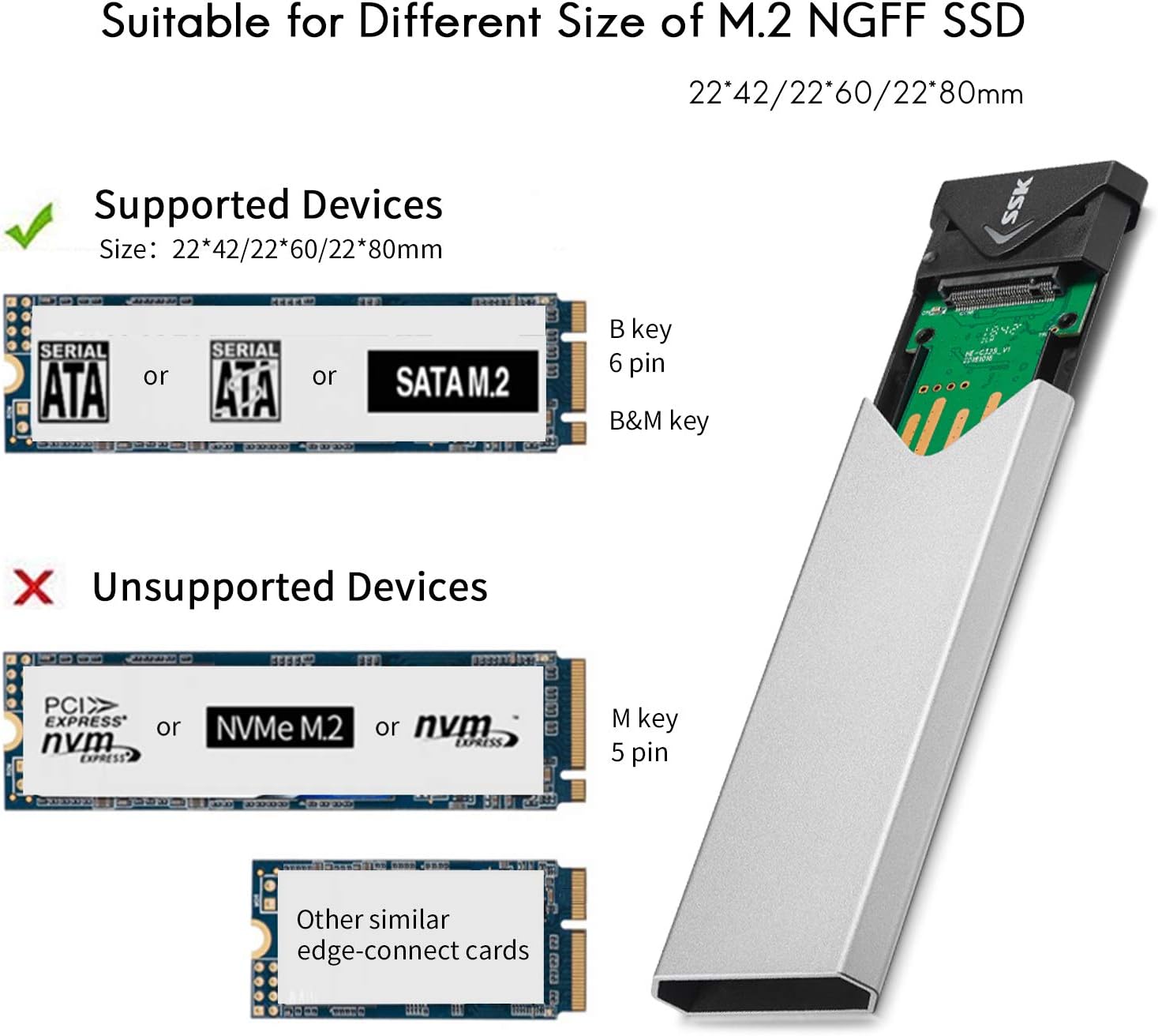 SSK Aluminum USB 3.1 to M.2 NGFF SSD Enclosure Adapter, External SATA Based M.2 Solid State Hard Drive Enclosure (SATA Based): MP3 Players & Accessories
