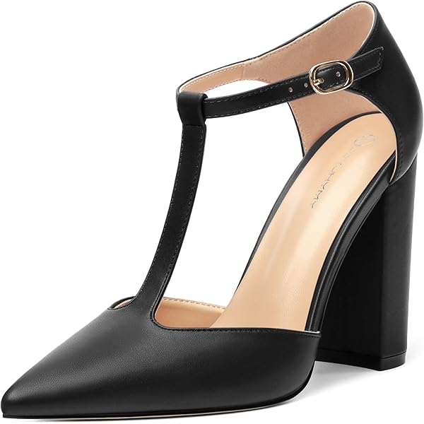 ANYA Women's Pointed Toe T-Strap Stiletto Pumps - 4.25 Inch Heels With Adjustable Ankle Strap