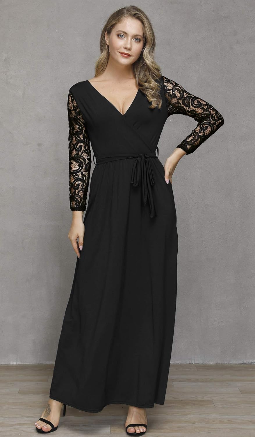 Spadehill Women's Faux Wrap V-Neck Lace Sleeve Maxi Dresses: Clothing