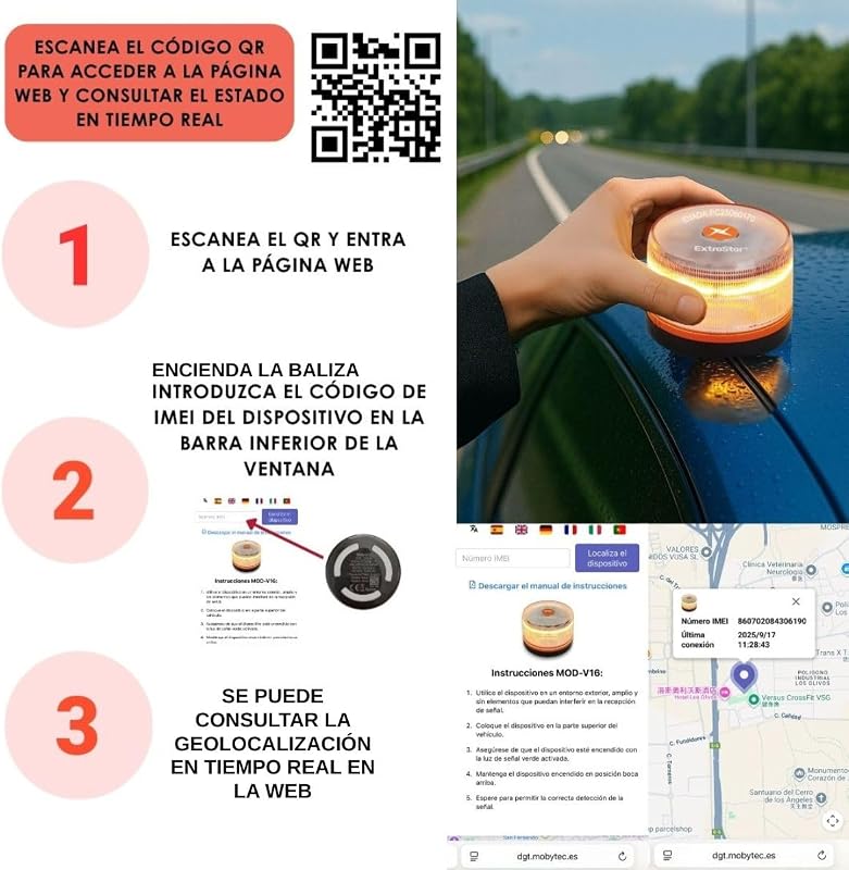 EXTRASTAR Luz Emergencia Baliza V16 Homologada DGT con Geolocalización, Baliza Coche Conectada DGT 3.0, Datos Incluidos hasta 12/2038