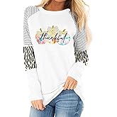 Thanksgiving Shirts Women Thankful Pumpkin T Shirt Grateful Blessed Print Long Sleeve Blouse Leopard Striped Fall Tee