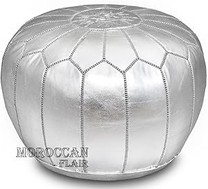 Moroccan Flair | Genuine Handmade Moroccan Metallic Pouf | Bedroom & Living Room Round Ottoman | Premium Italian Ski Leather | Eco-Friendly Materials | 20” x 20” x 14” | Silver