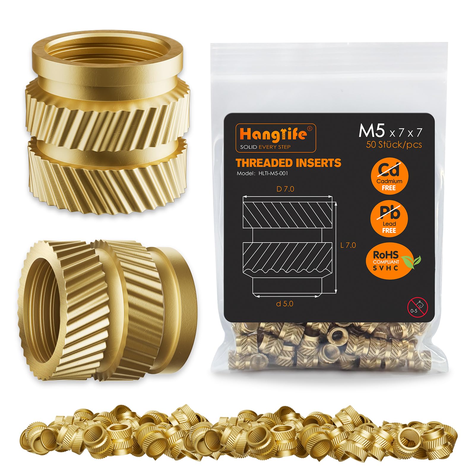 HANGLIFE Threaded Inserts for Plastic, M5 Heat Set Insert for 3D Printing Components and Plastic Parts - Brass Metric Knurled Nuts (50 Pieces) — image 1