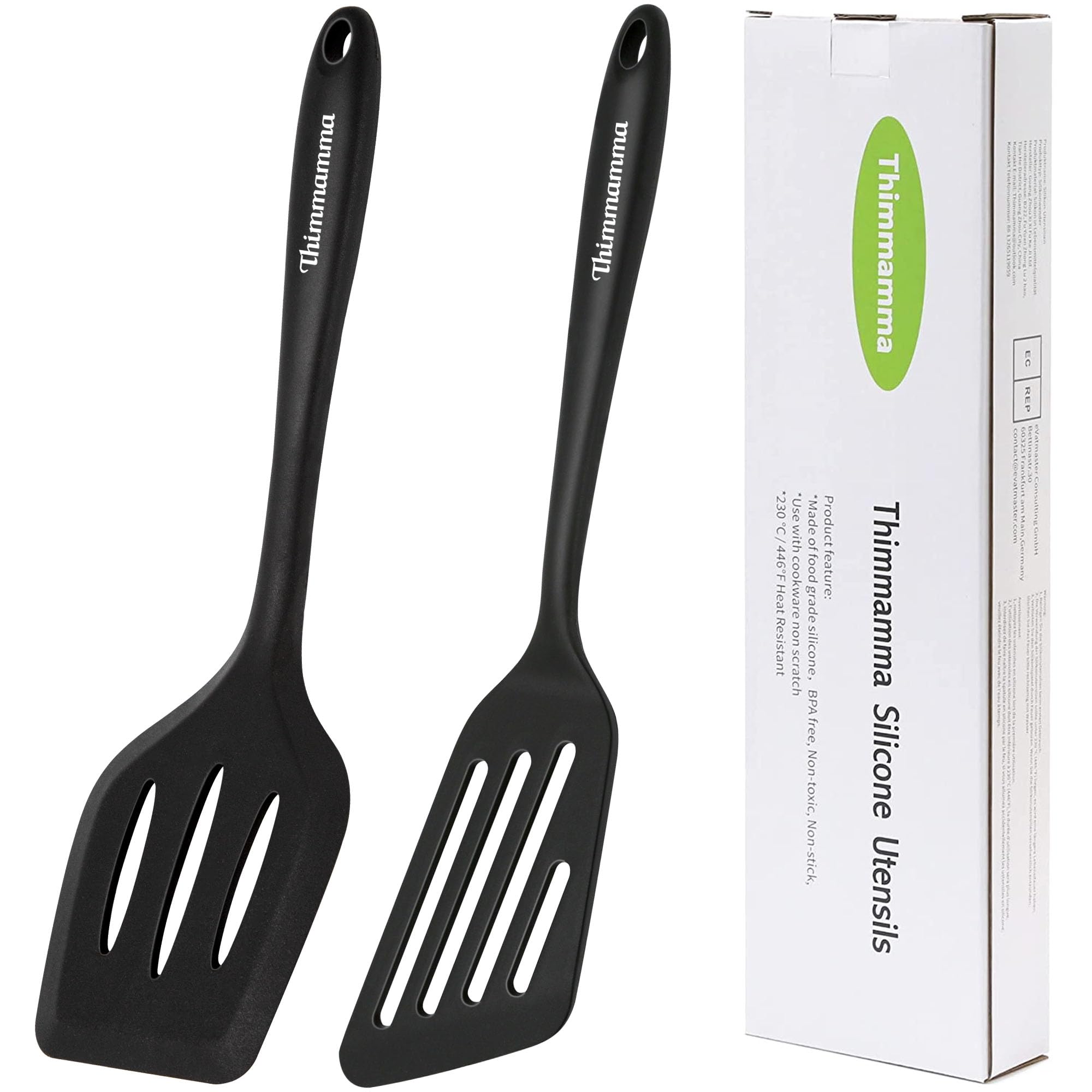 Silicone Spatula, 2 Pack Heat Resistant Slotted Spatula Set Kitchen Turner BPA Free, Non Stick Flexible Large Black Silicone Spatula for Cooking Flipping Pressing Fish Eggs Pancakes