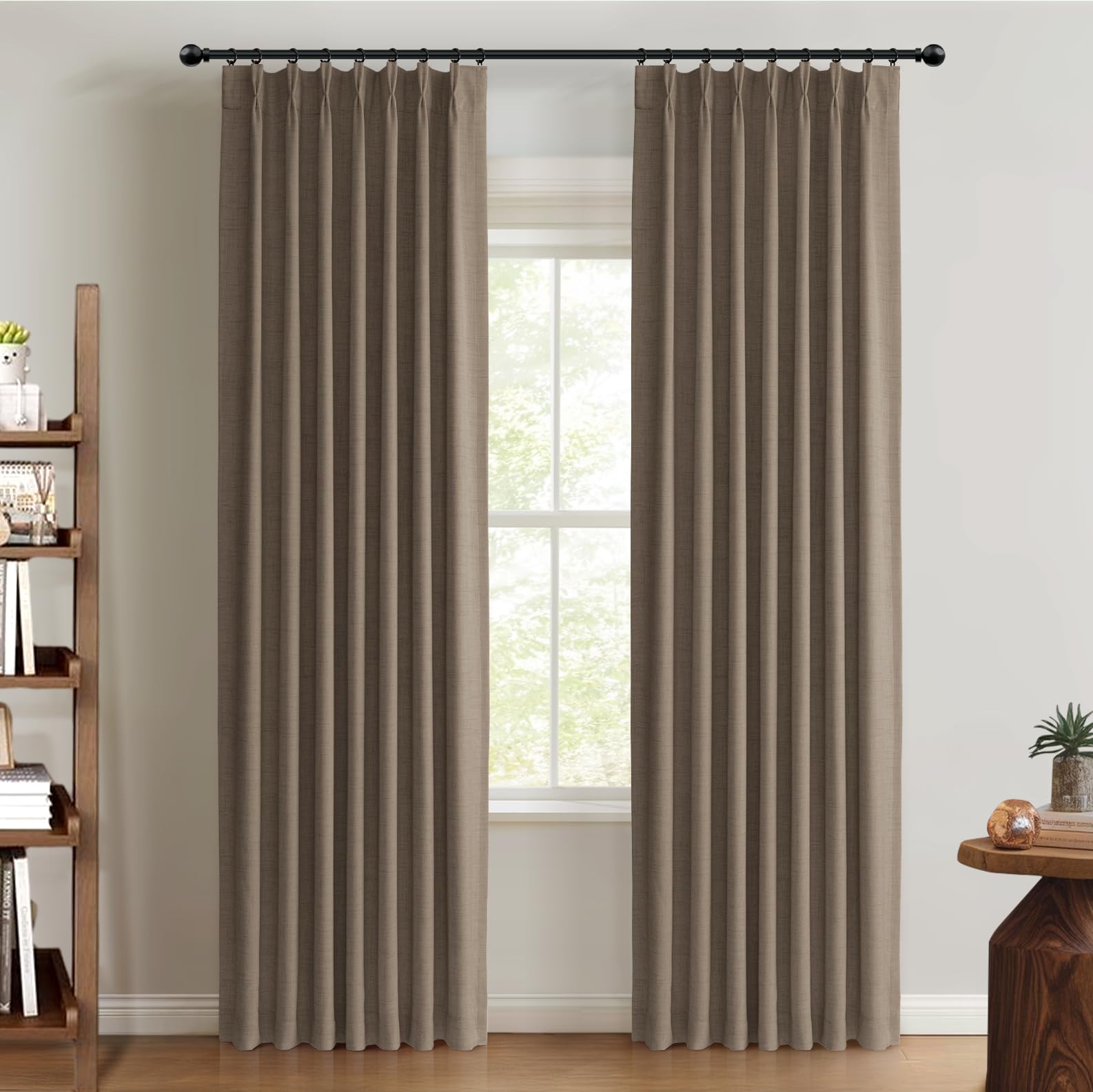 Photo 1 of 100% Blackout Shield Linen Look Textured Pinch Pleated Curtains Blackout Drapes 102 Inch Long 2 Panels Set, Faux Linen Blackout Curtains for Bedroom & Living Room, 40" W x 102" L, Linen Brown
