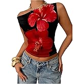 RoseSeek Women's Y2K Floral Hibiscus Off The Shoulder Tops Sleeveless Fitted Going Out Crop Tank Top