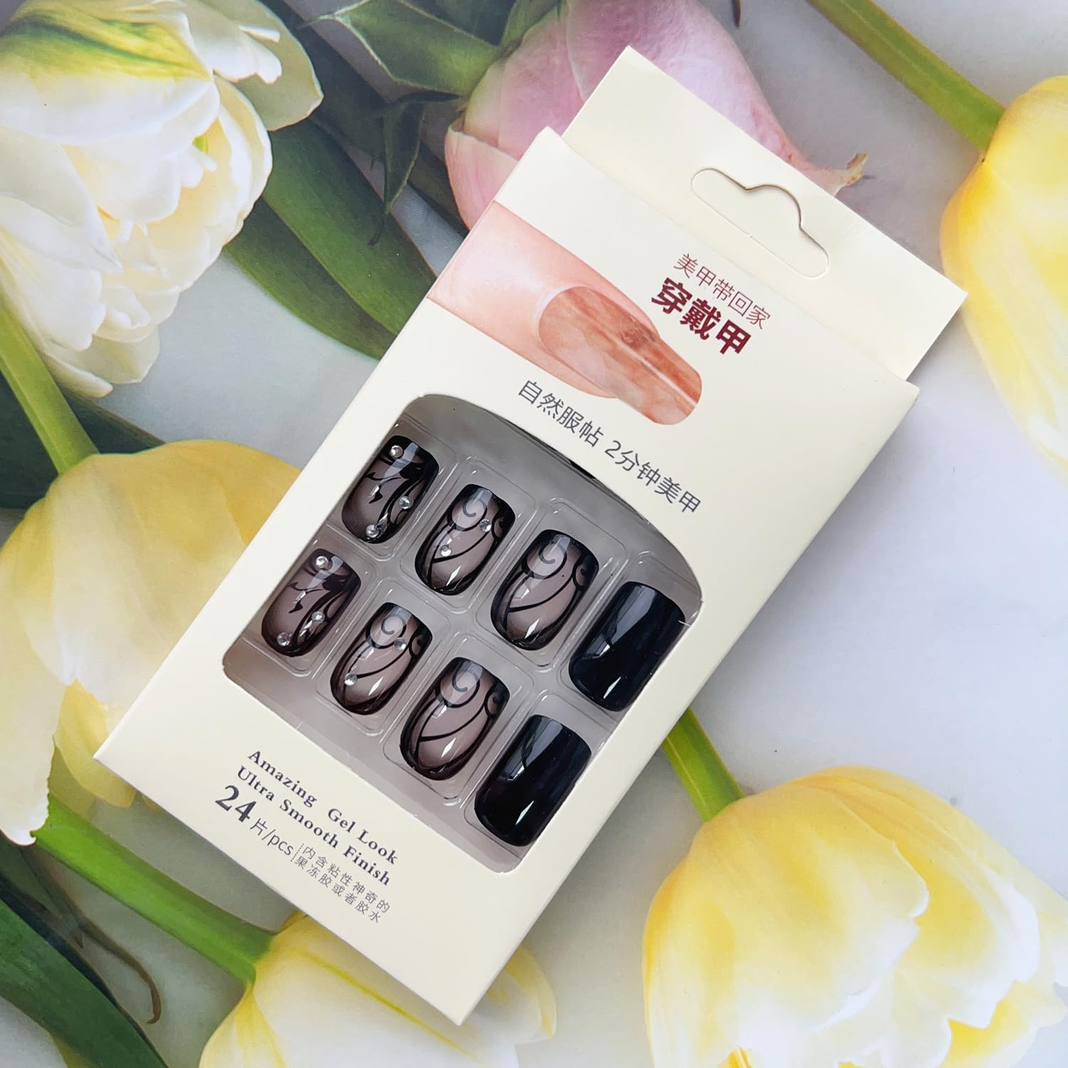 OHWODA Black Press on Nails Short Square Fake Nails Black Vine Acrylic Glue on Nails Full Cover Glossy Nails Press ons Short Stick on Nails Summer Artificial Nails for Women Girls - 24Pcs - Image 7