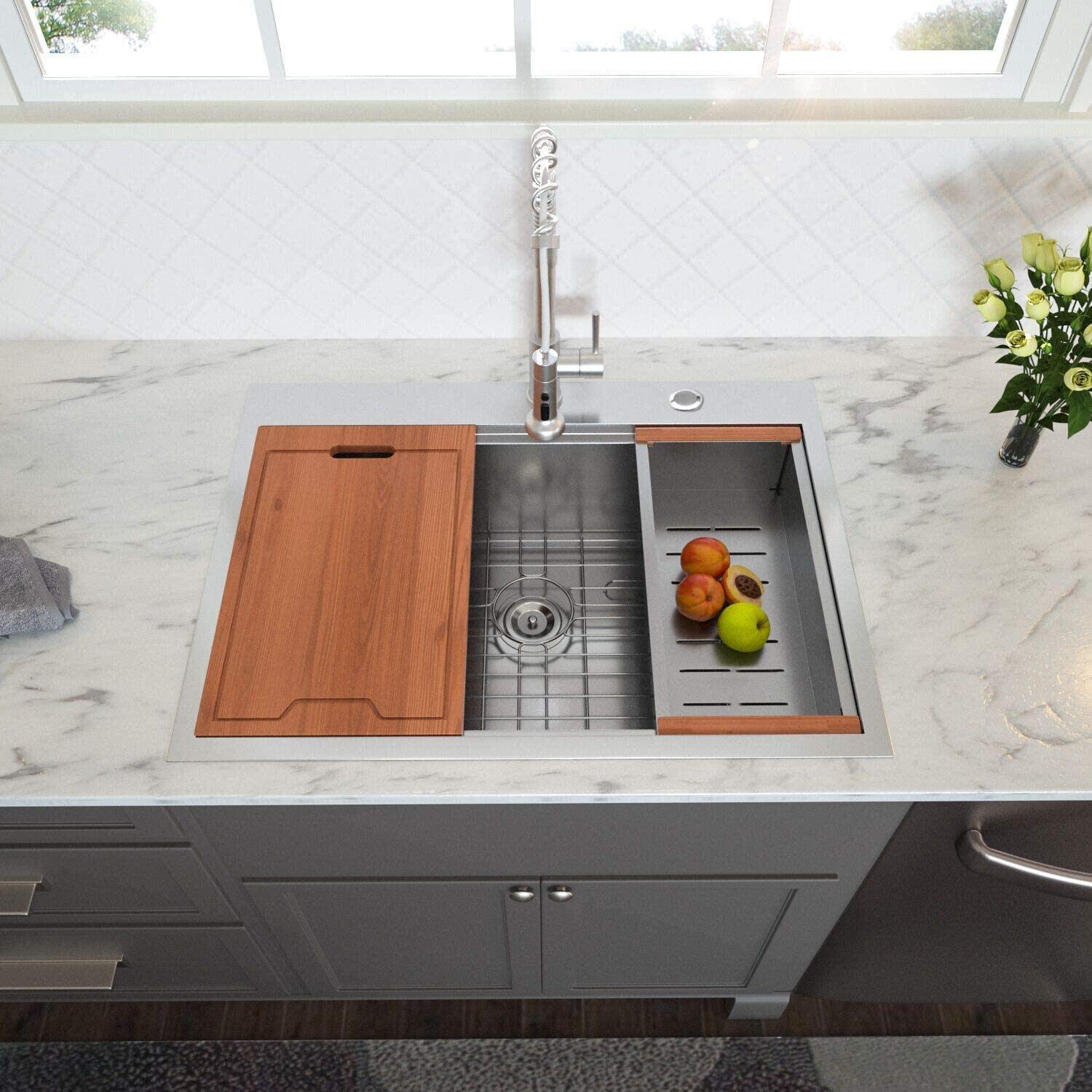 Lordear 33 inch Kitchen Sink Drop-in Topmount 16 Gauge Stainless Steel Single Bowl Ledge Workstation Kitchen Sinks