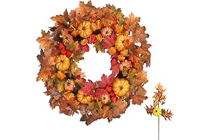 Wreaths Wish Fall Wreaths for Front Door 24’’Artificial Autumn Wreaths with Pumpkin Red Lantern Fruit Maple Leaves Fall Decorations for Outside Indoor Wall Window Festival Thanksgiving Decor