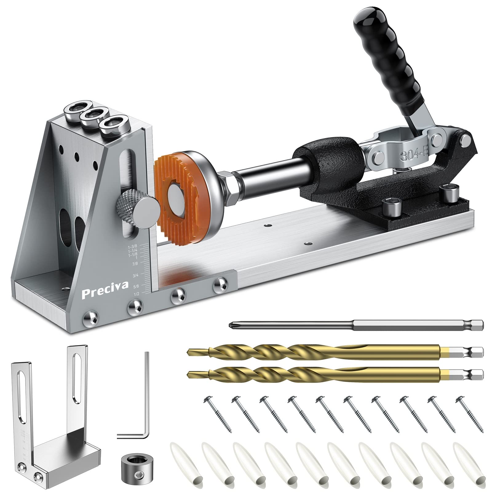 9.5MM Pocket Hole Jig Kit(Steel), Preciva Upgraded 15 Degree All-Metal Drilling Locator, with Restrictor Ring and Premium Carbon Steel Drill Bit, for 12MM-40MM Thickness Wood Joints and Drilling Hole