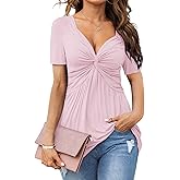 Tankaneo Womens Front Knotted V-Neck Blouse T Shirt Short Sleeve Oversized Tunic Tops Summer Solid Pullover Tees