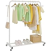 Sywhitta Clothing Rack on Wheels with Storage Shelf & Sturdy Metal Frame, Retail Clothing Rack for Hanging Clothes, Coats, Skirts,Space-Saving Mobile Organizer for Closet, Bedroom, Laundry Room, White