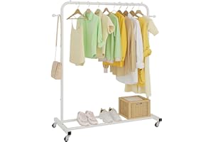 Sywhitta Clothing Rack on Wheels with Storage Shelf & Sturdy Metal Frame, Retail Clothing Rack for Hanging Clothes, Coats, Skirts,Space-Saving Mobile Organizer for Closet, Bedroom, Laundry Room, White