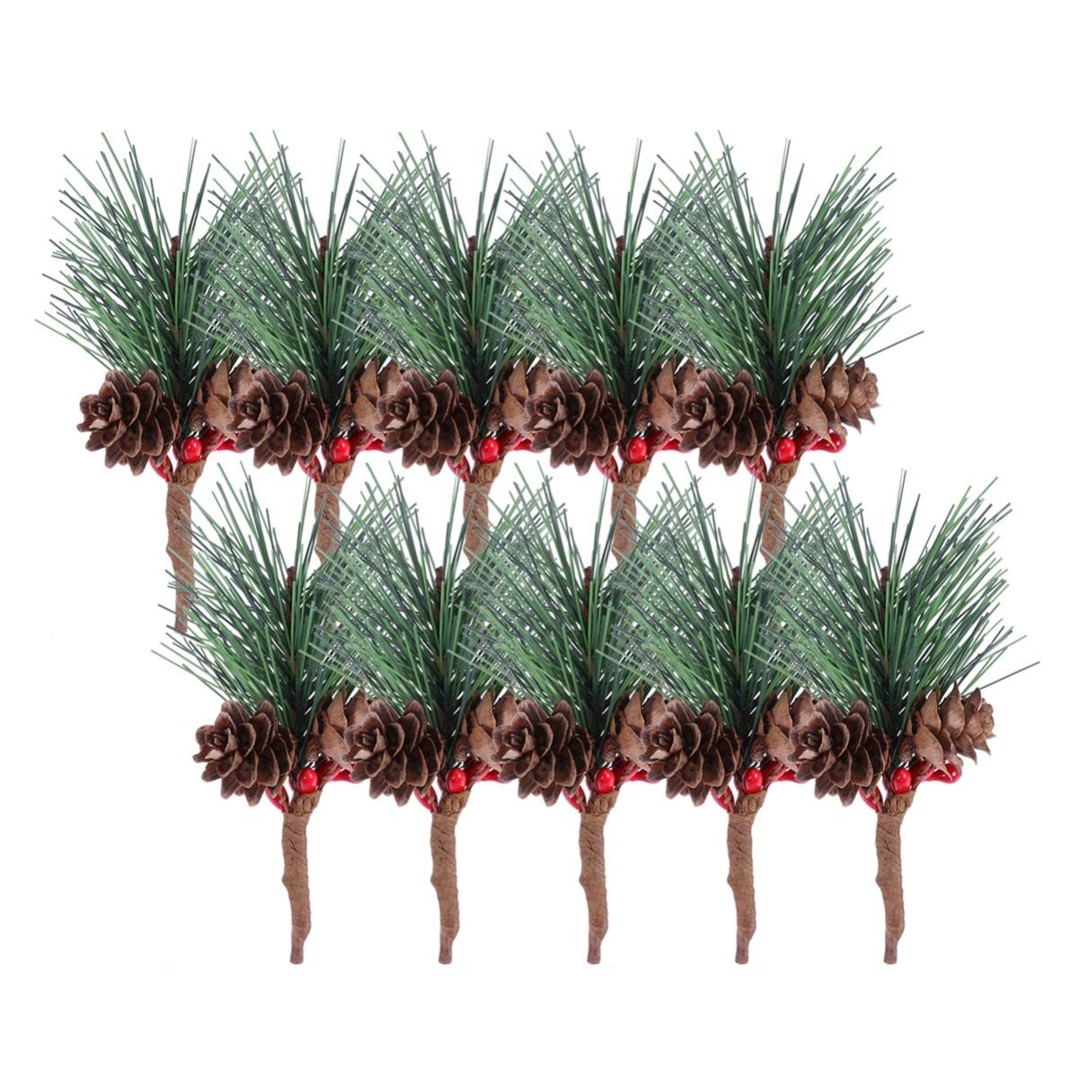 10pcs Christmas Pine Needles Artificial Pine Picks with Cones Berries Bouquets for Christmas Tree Wreaths Holiday Party Decorations