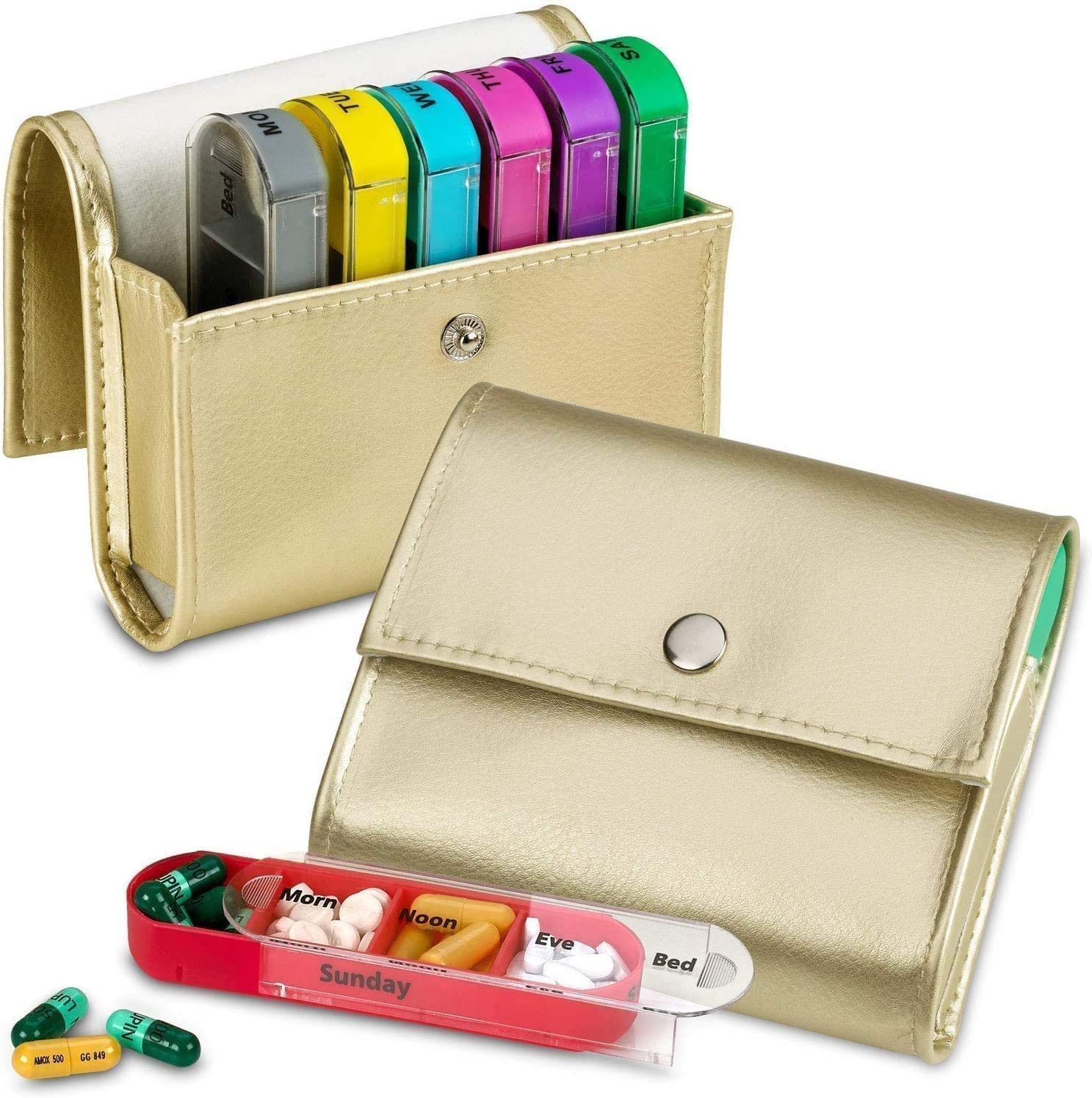 Weekly Travel Pill Organizer - (Set of 2) Medication Wallet Pill Box Reminders, Pill Container Dispenser Case, Vitamin Caddy Organizer, for 4 Times A Day, 7 Days a Week
