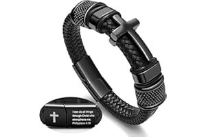 OALDILEE Black Cross Cuff Bracelet for Men, Philippians 4:13 Stainless Steel Braided Leather Bible Verse Jesus Bracelets Inspirational Faith Gift for Dad Brother Son Religious Baptism Confirmation Gifts