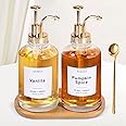 Coffee Syrup Dispenser for Coffee Bar, 16.9oz 500ml Glass Syrup Dispenser w Golden Coffee Scoop, Coffee Syrup Pump Dispenser w 36 Labels and Bamboo Tray, Coffee Syrup Bottles with Golden Pump, 2PCS