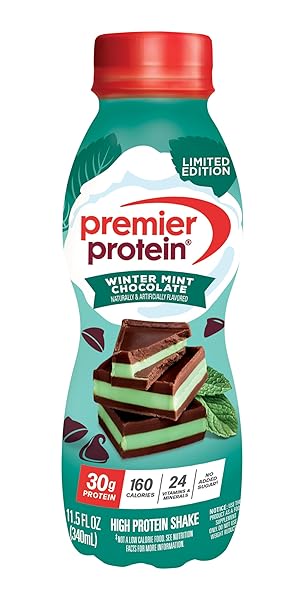 PREMIER PROTEIN SHAKE, LIMITED EDITION WINTER MINT CHOCOLATE, 30G PROTEIN, 1G SUGAR, 24 VITAMINS & MINERALS, NUTRIENTS TO SUPPORT IMMUNE HEALTH, 11.5 FL OZ, SINGLE BOTTLE