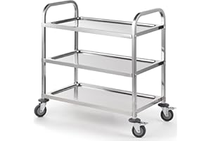 CURTA Stainless Steel Serving Trolley, 34" L x 18" W x 36" H 3 Tiered Shelf Kitchen Utility Cart, Rolling Casters Brake Wheel, Commercial Pro for Restaurant/Hotel/Lab/Clinic/Salon/Workshop