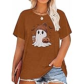 Plus Size Halloween Shirts for Women Cute Ghost Pumpkin Shirt Fall Spooky Graphic Coffee Lover Short Sleeve Tops