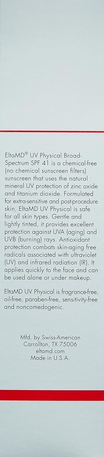 EltaMD UV Physical Tinted Face Sunscreen, Chemical-Free Mineral Sunscreen for Sensitive and Post-Procedure Skin, Non-Greasy, Broad-Spectrum SPF 41, 3.0 oz: EltaMD: Premium Beauty