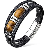 VANFORWYN Tiger Eye Bracelet Men Multilayer Black Braided Genuine Leather Bracelet Natural Spiritual Stone Protection Bracelet Courage Jewelry Stress Relief Gift for Men