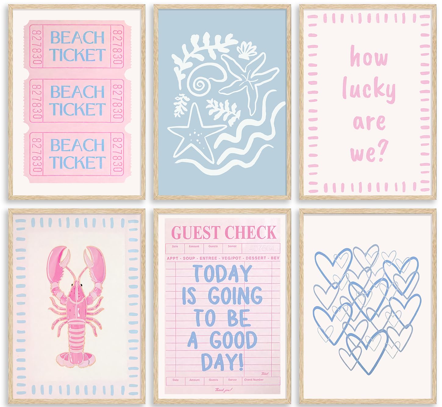 Photo 1 of Pink Blue Beach Preppy Wall Art Coastal Granddaughter Aesthetic Summer Picture Wall Decor Trendy Beach Ticket Starfish Poster Lucky Heart Painting Print Artwork for Girly Room Dorm Apartment, Unframed