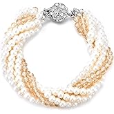 COOLSTEELANDBEYOND Multi-Strand Pearl and Crystal Bracelet, White Pearls and Champagne Crystal Beads, Ball Charm Clasp