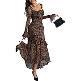 GothDark Women's Floral Mesh Dress Elegant Long Sleeve Square Neck Double Layer Ruffle Hem Casual Wedding Guest Maxi Dresses