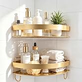 WFSRESTD Corner Shower Caddy - Adhesive Gold Shower Caddy with 4 Hooks, No Drilling Bathroom Shelves for Inside Shower Organizers &amp; Storage