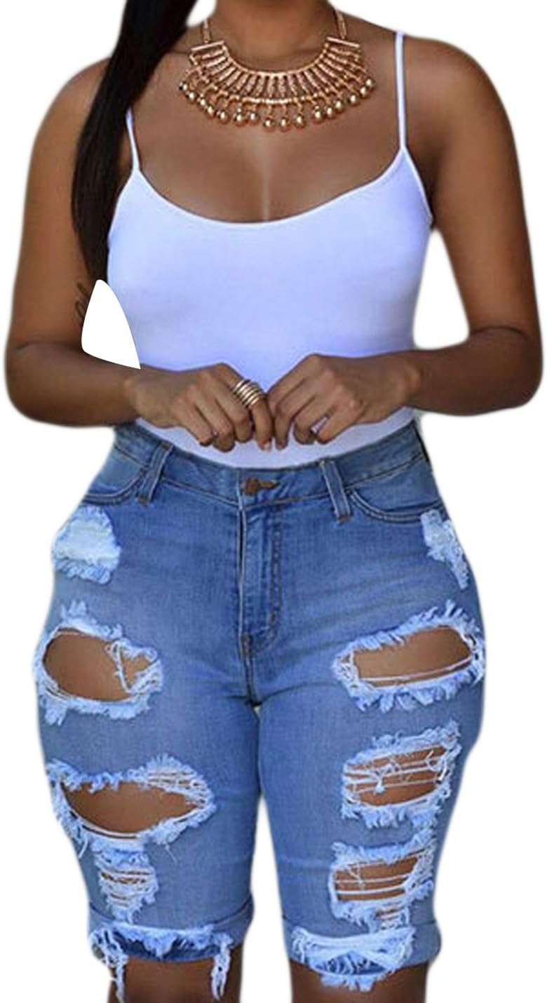 Naliha Women Denim Shorts Ripped Hole High Waist Stretchy Bermuda Shorts Jeans