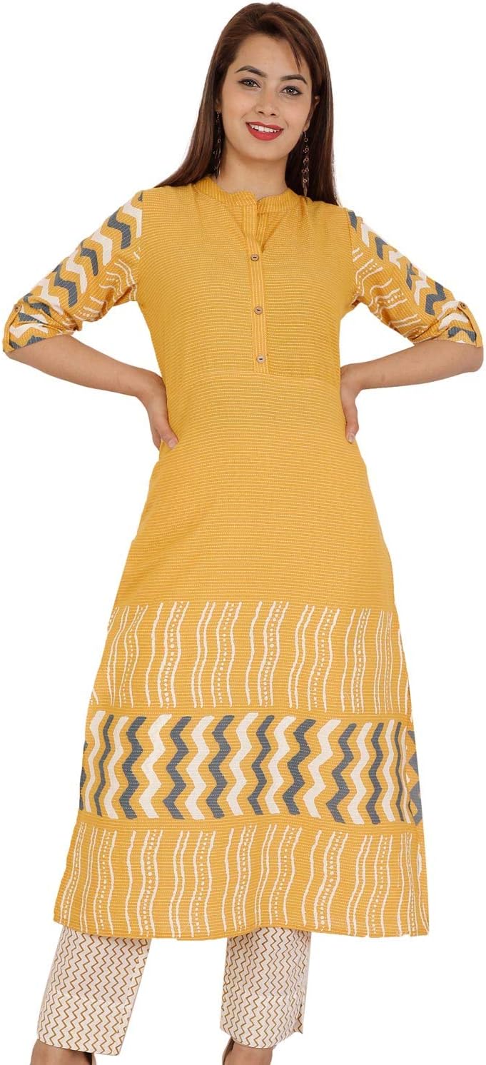 Women's Cotton Dobby Straight Kurta Palazzo Set (Yellow)