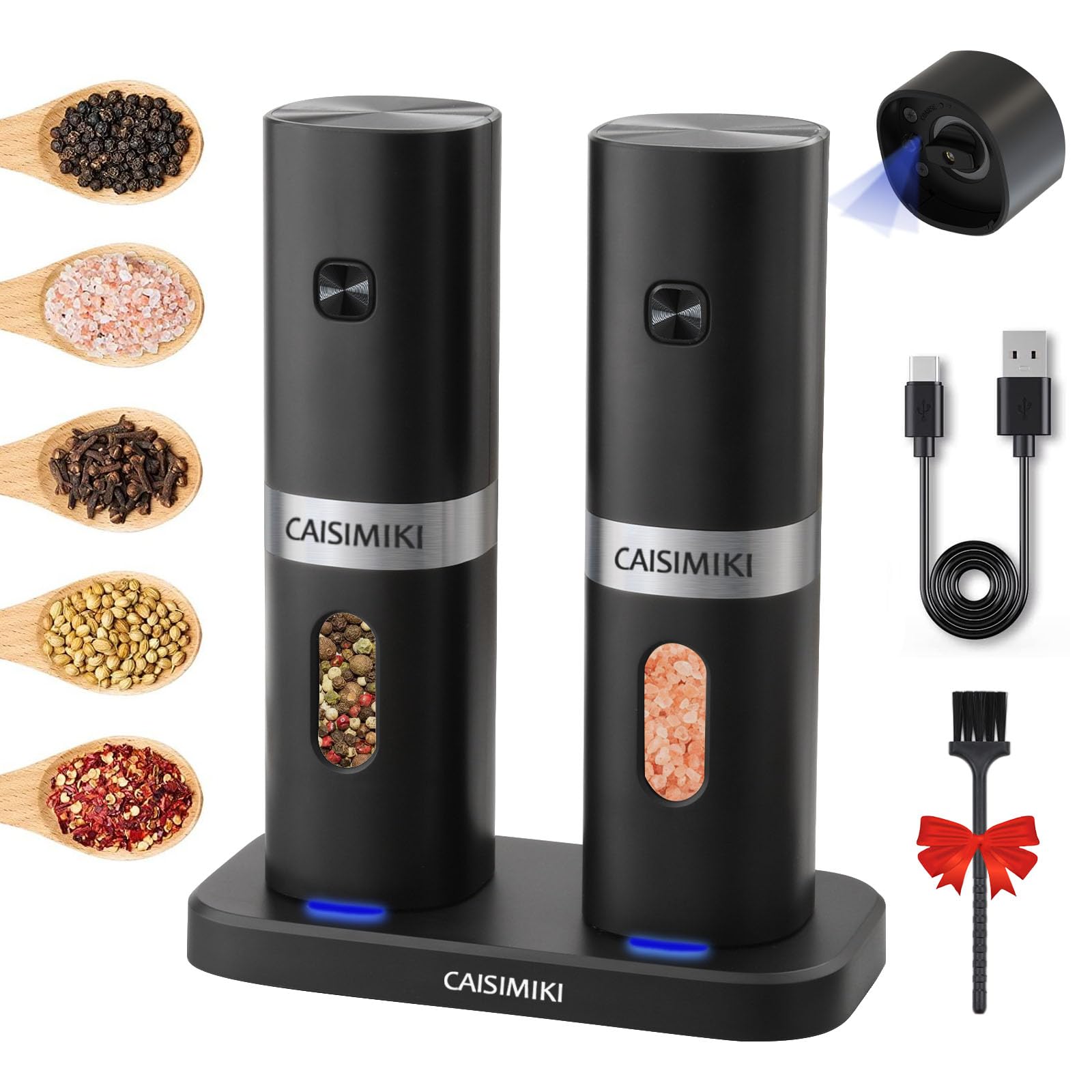 CAISIMIKI Electric Salt and Pepper Grinder Set 2 IN 1 USB Automatic Pepper Mill with Rechargeable Batteries and Charging Base Adjustable Coarseness One Hand Operated, 2 Pack