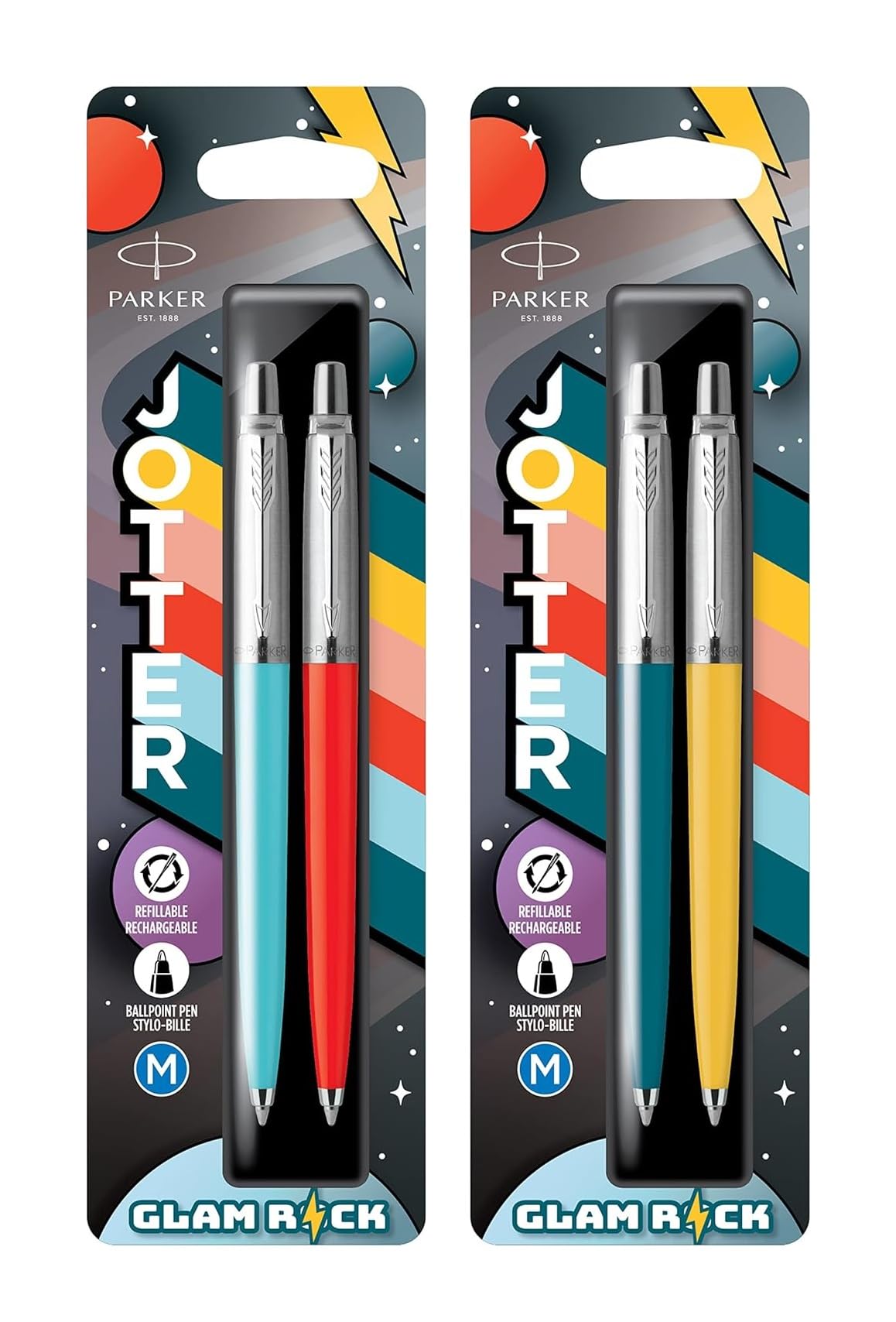 Parker Jotter Originals Ballpoint Pens | Pack of 4 | Glam Rock Collection | Azure Blue, Vermilion, Peacock Blue & Sunshine Yellow | Blue Ink