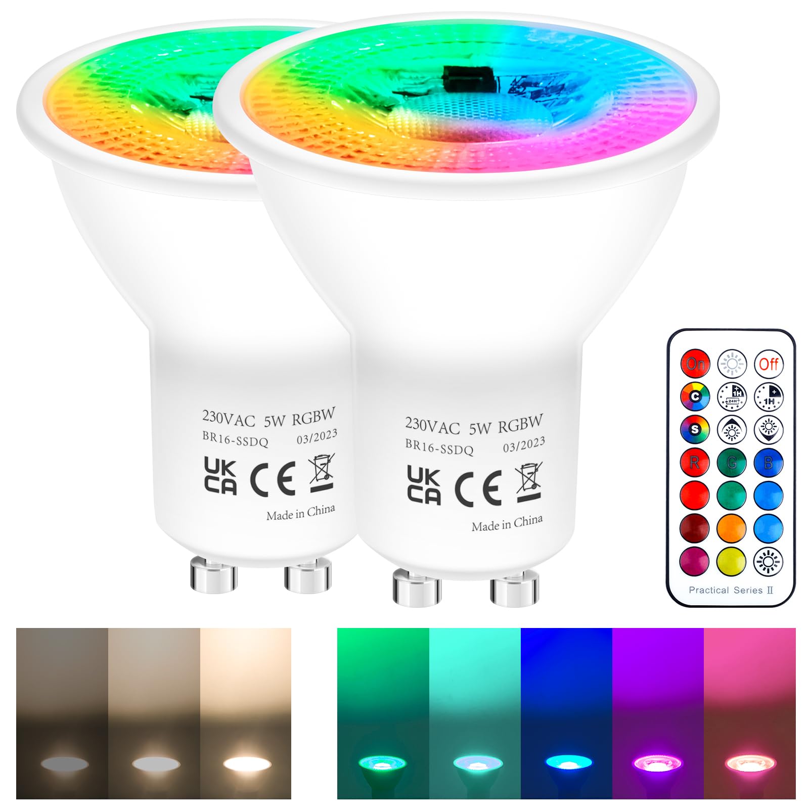 REYLAX GU10 LED Bulbs Dimmable Warm White 5W Colour Changing Light Bulb with Remote, 12 Colours Spot Lights, 5 Modes, Timer, GU10 Bulbs for Atmosphere and Daily Lighting 2 Pack