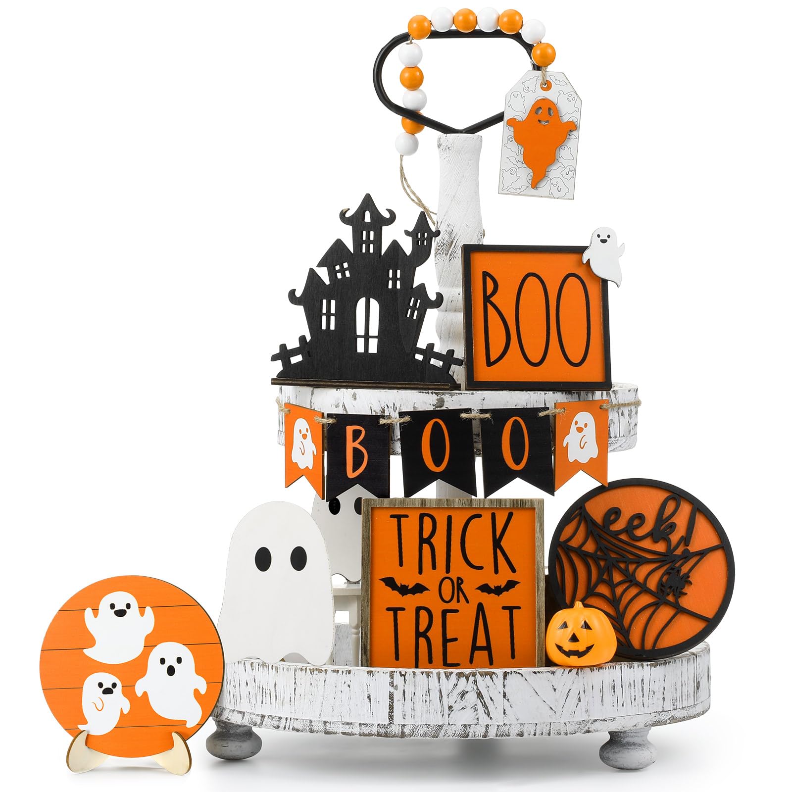 Photo 1 of Umigy 15 Pcs Halloween Tiered Tray Decor Set Cute Ghost Tray Decorations Boo Halloween Wooden Signs Farmhouse Rustic Decoration for Home Table Party Supplies(Orange Ghost)