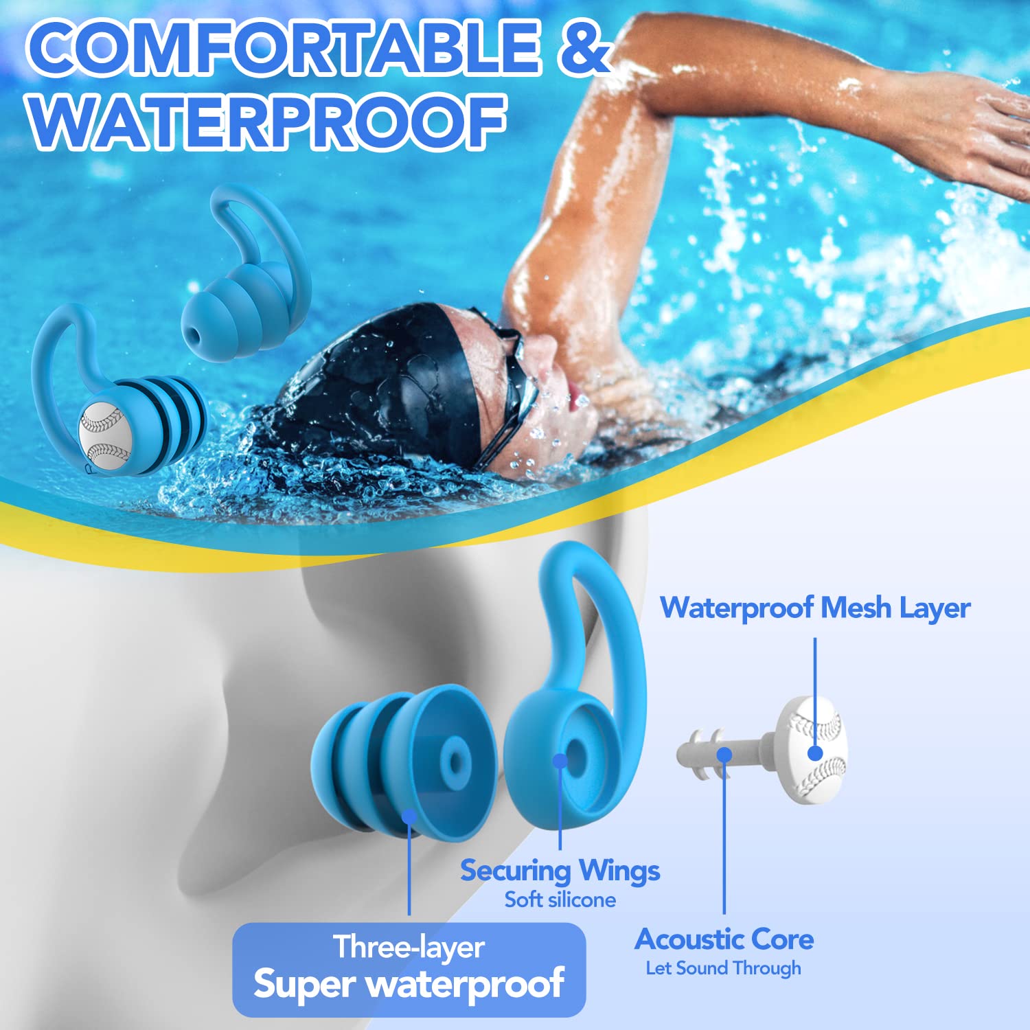 Tapones oidos natación - 3 Pares Silicona Tapones piscina adulto