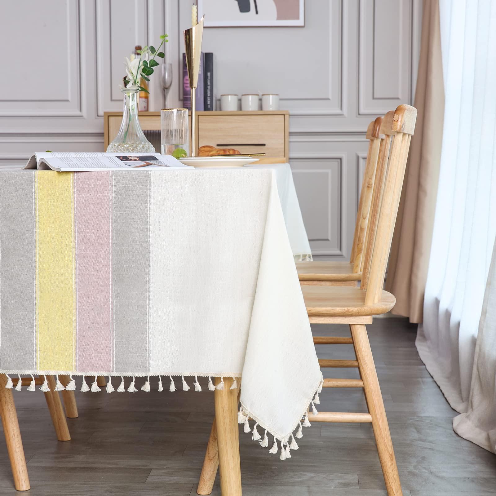 SUNBEAUTY Tablecloth Cover Rectangular Table Cloth Cotton Linen Wipeable with Tassel Fringe Decoration for Kitchen Dining Table (Lemon Yellow, 140x200cm. 55"x78", 6-8 seats)