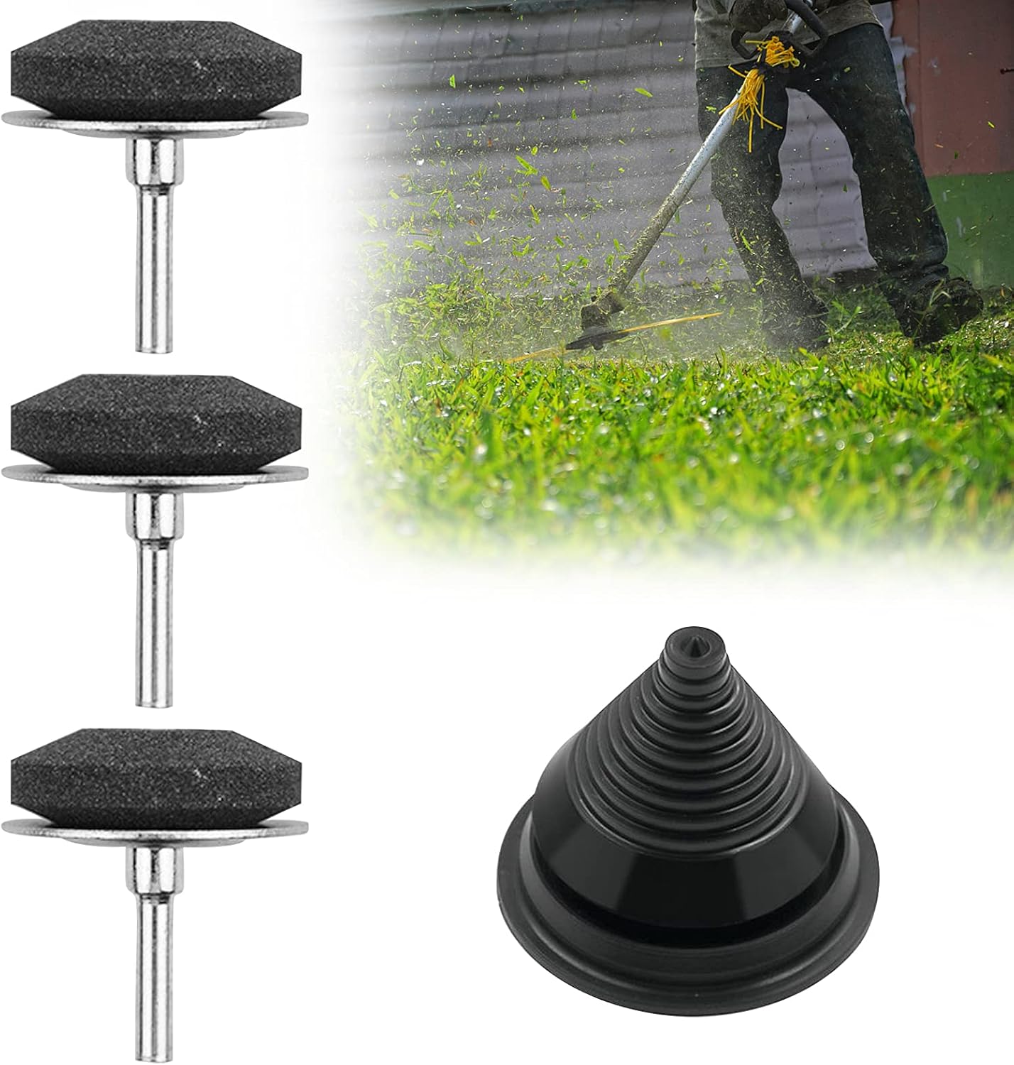 3Pcs Upgraded Lawn Mower Blade Sharpener with 1Pcs Blade Balancer, Universal Rotary Lawnmower Blade Sharpener Reel Mower Sharpening Stone Kit, Garden Tool Sharpener for Power Drill Hand Drill