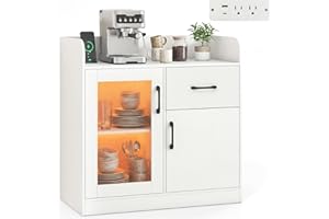 Giantex RGB LED Buffet Sideboard, White Kitchen Storage Cabinet with Charging Station, Drawer & Translucent Fluted Door, Mode