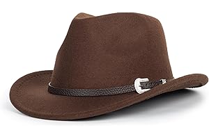 BAWNHAW Kids Western Cowgirl-Cowboy Felt-Fedora-Hat Girls Boys Wide-Brim Retro-Rodeo Panama-Cap with Gus-Buckle-Belt for 5-8T, Brown