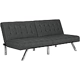 DHP Emily Futon Couch Bed, Modern Sofa Design Includes Sturdy Chrome Legs and Rich Linen Upholstery, Grey