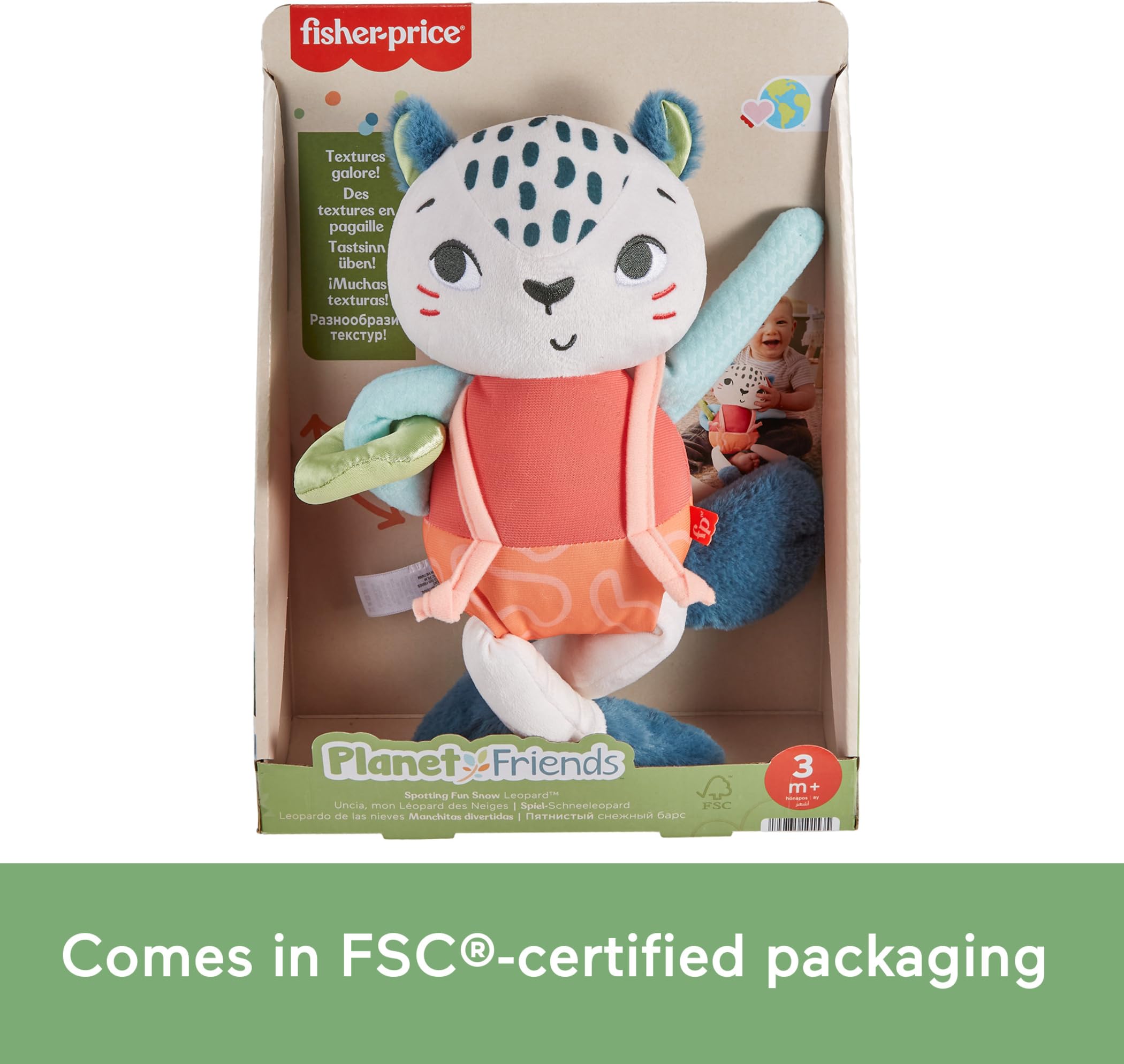 Fisher-Price Baby Toy Planet Friends Spotting Fun Snow Leopard Plush with Sensory Activities for Newborns Ages 3+ Months