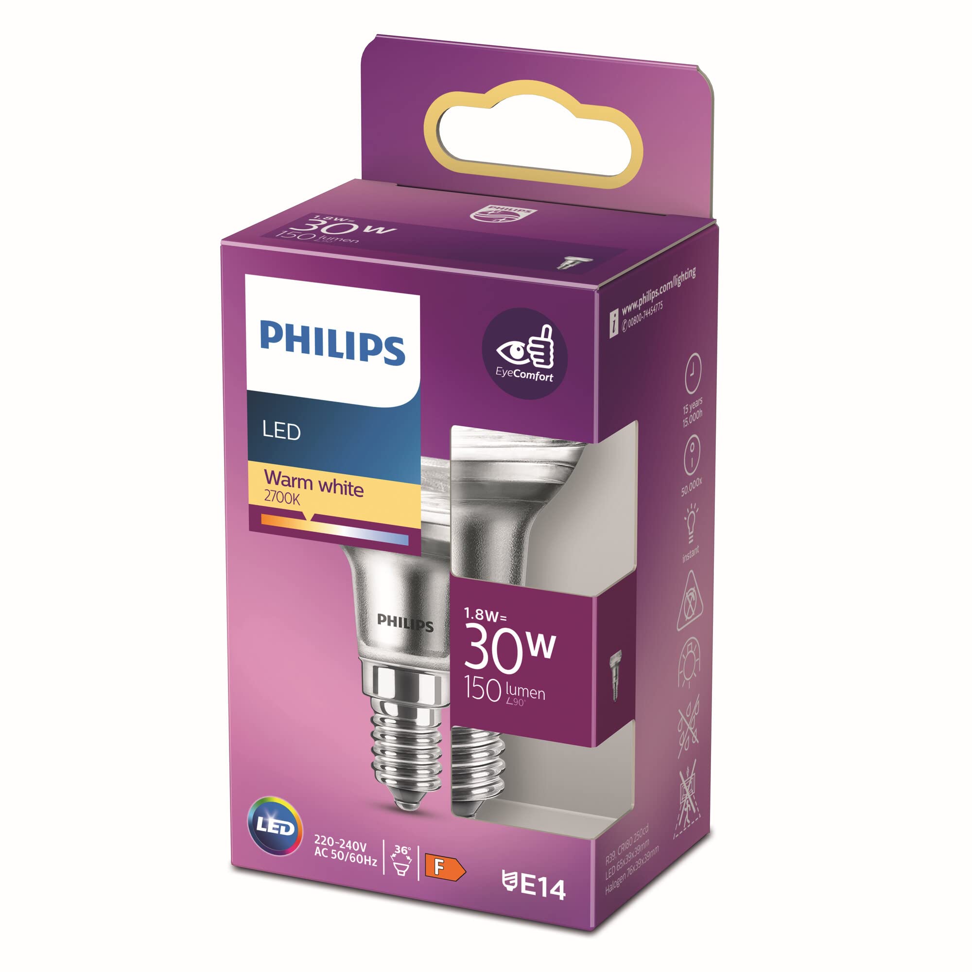 Philips LED Premium Classic R39 Reflector Light Bulb [E14 Small Edison Screw] 1.8W - 30W Equivalent, Warm White (2700K), Non Dimmable